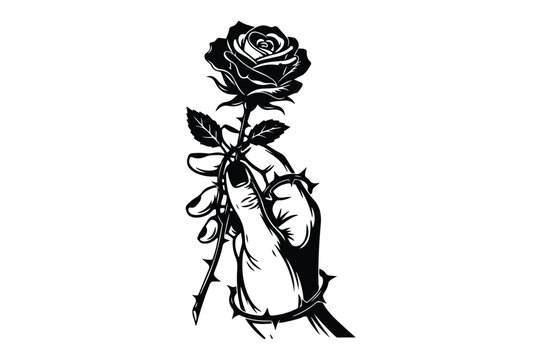 Hand holding a rose with thorns and vines, dark romance