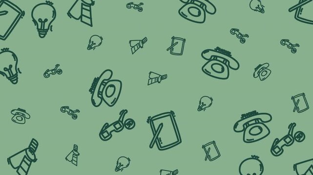 Seamless hand drawn pattern of communication and travel icons on a green background ideal for packaging wallpaper web backgrounds motion graphics and branding projects.
