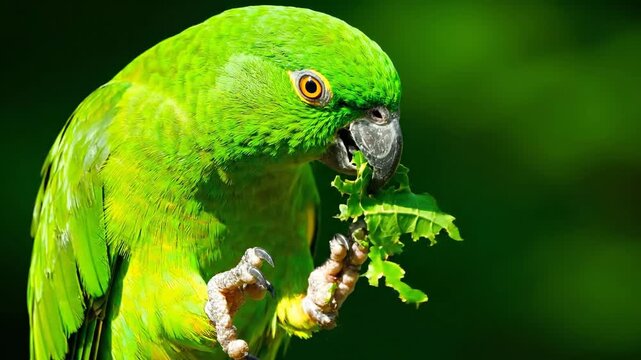 Green parrot eating leaf outdoors, beautiful tropical bird in nature feeding.