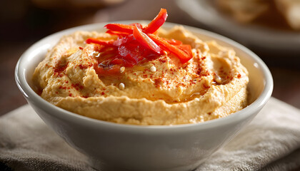 Fresh red pepper slice atop creamy hummus dip