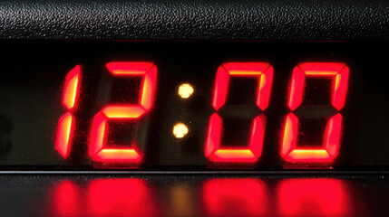 Digital clock red light time display electronic device close up illuminated numbers black background technology countdown alarm clock glowing
