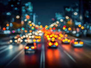 Fototapeta premium Blurred city street at night illuminated by colorful bokeh lights and busy traffic creating a vibrant urban atmosphere with glowing vehicle taillights and headlights