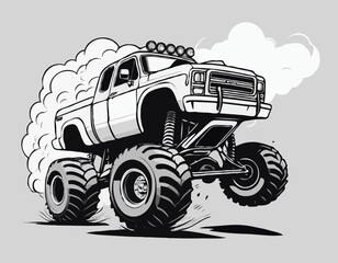 Dynamic black and white monster truck illustration leaving a trail of smoke clouds © mjonb 