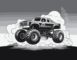Dynamic black and white monster truck illustration leaving a trail of smoke clouds © mjonb 