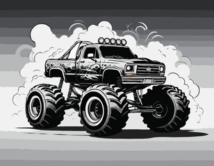 Dynamic black and white monster truck illustration leaving a trail of smoke clouds © mjonb 