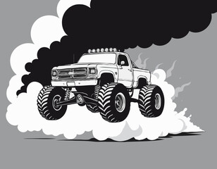 Dynamic black and white monster truck illustration leaving a trail of smoke clouds © mjonb 