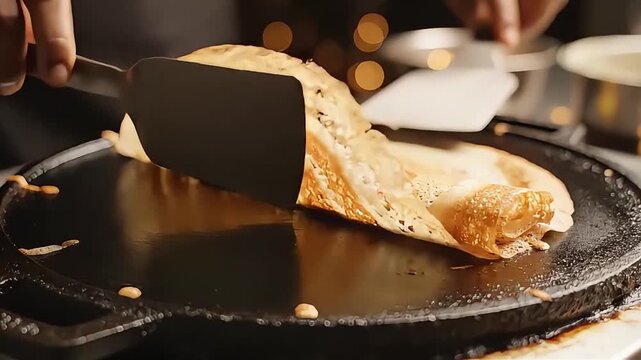 Spiral dosa being expertly flipped on hot tawa cooking surface