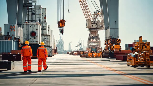 Industrial dockworkers in orange uniforms walking on a dock with cranes and cargo equipment.
