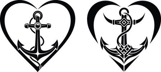 Black and white heart anchor tattoo vector with geometric rope details, romantic nautical theme, symmetrical design for commercial illustration. © Mashrafi Saba 