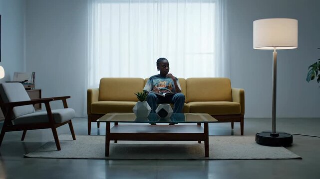 Person sitting on sofa reading book in living room with robot vacuum cleaner.