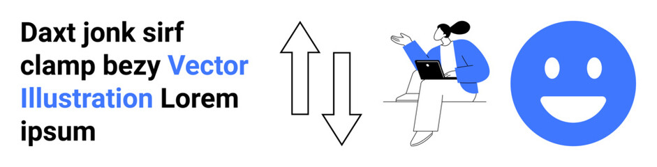 Obraz premium Workflow optimization, workplace communication, online collaboration, productivity tools, user experience, positivity. Up and down arrows next to a smiling user on a laptop. Workflow and positivity