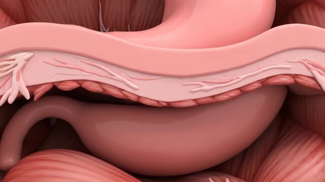 3D Animation: Descending Through Human Stomach Layers with Visible Rugae and Muscle Tissues