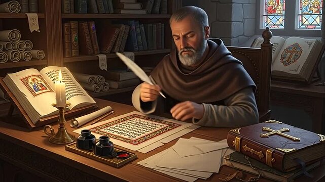 Focused medieval monk writing and illuminating an ancient manuscript with a quill pen in a scholarly, dimly lit monastery library.