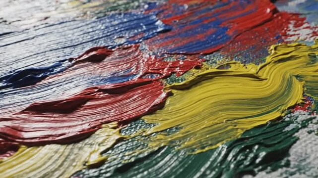 A captivating close-up reveals the rich, undulating texture of thick paint strokes across a surface. Bold primary and secondary colors like blue, red, yellow, and green are layered and swirled, creati