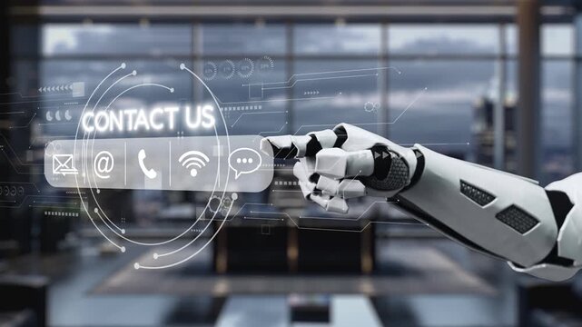 A futuristic robotic hand is reaching out, presenting digital contact options like email and phone in a sleek modern office, symbolizing advanced technology and communication. Auvana