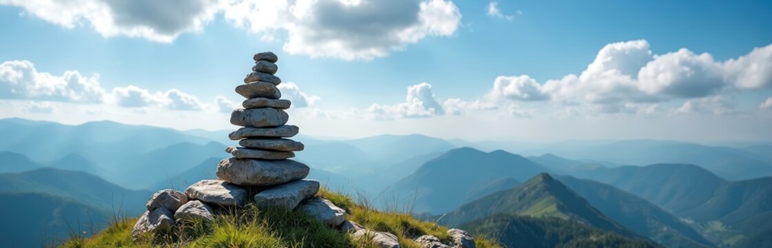 Stacked stones form cairn on mountain summit overlooking vast blue mountain range under summer sky. Peak marked for hikers, signifying journey end and peaceful contemplation.