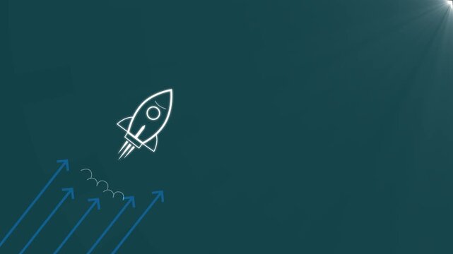 A business on rocket launch with up arrow, investment growth, planning and starting corporate business start up aiming objective value development leadership. Motion graphics of business concept