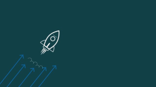 A business on rocket launch with up arrow, investment growth, planning and starting corporate business start up aiming objective value development leadership. Motion graphics of business concept