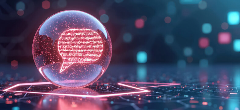 Digital sphere glows with a chat bubble symbol made of red dots. Futuristic interface conveys advanced AI communication and smart tech interaction concepts.