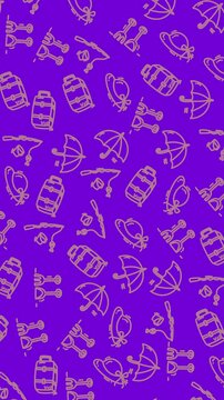 Seamless travel icons pattern on purple background with gold line art Repeatable vector style texture with backpacks umbrellas cameras and binoculars Ideal for packaging textiles web backgrounds.