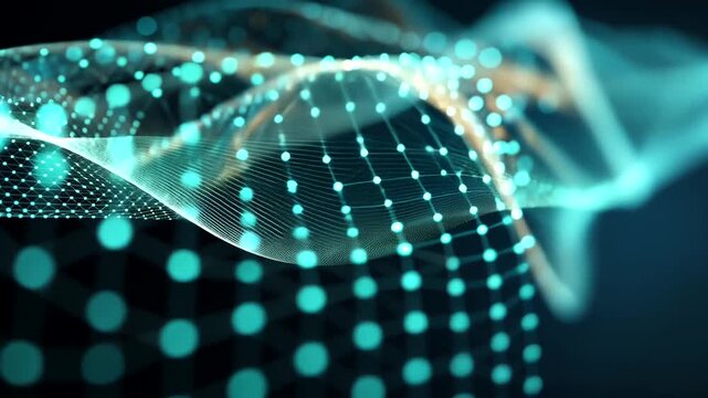 Abstract futuristic digital wave with glowing blue dots and mesh grid.