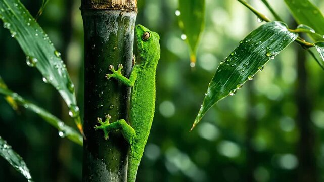 Green gecko climbing bamboo stalk with dew drops on leaves in lush greenery.