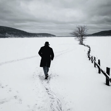 Allein gehender Mann im Winter auf verschneitem Weg in weiter Landschaft. Reduzierte, emotionale Fotografie mit Fokus auf Einsamkeit, Stille und Bewegung. Ideal f&uuml;r Themen wie Lebensweg, Nachdenklichk