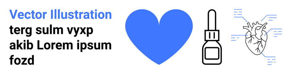 Healthcare, medical analysis, treatments, wellness, diagnostics, cardiology. Blue heart, dropper bottle anatomical heart schematic with data lines. Wellness and medical analysis focus concepts