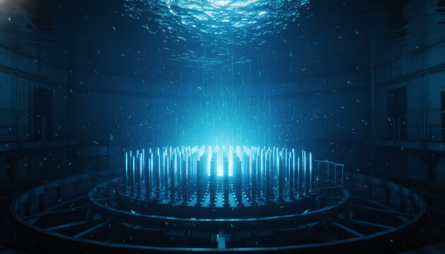 Nuclear reactor core fuel rods emitting bright blue Cherenkov radiation glow