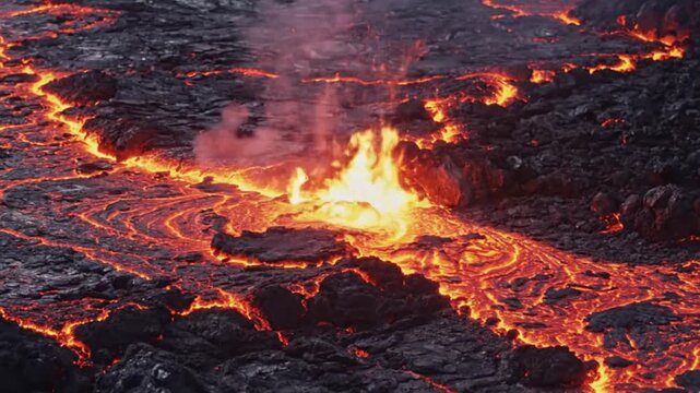A dramatic, close-up view of molten, glowing lava flowing across a dark, solidified volcanic landscape. Rivers of incandescent, fiery orange and red liquid magma wind their way through rugged, black r