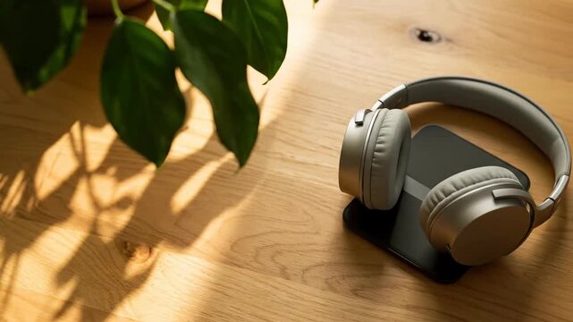 Relaxing headphones on phone near green plant and sunlight on wood table.