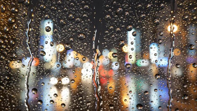 Water droplets on glass at night. An atmospheric macro view of rain droplets sliding down a window against blurred urban lights.