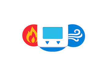 Fototapeta premium Symbols of heating and cooling systems show fire and wind icons with a thermostat display in the center, indicating climate control options for homes and buildings
