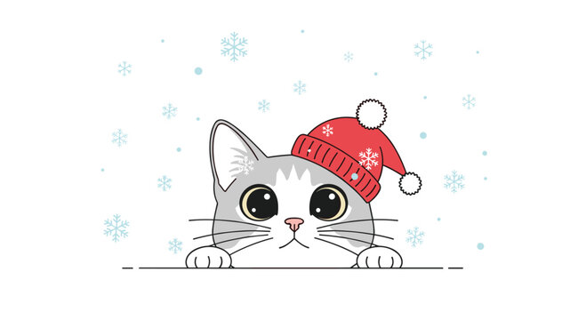 Curious kitten wearing a festive red winter hat peeking playfully from below amidst falling snowflakes