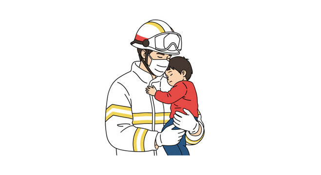 Courageous firefighter in protective gear and mask carrying a sleeping child safely from danger