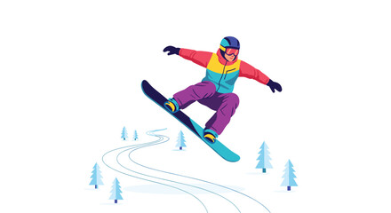 Stylized illustration of a snowboarder mid-air, jumping over a snowy terrain with sparse pine trees and carved tracks,