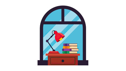 A desk with a red lamp, books, and a window. Illustration, vector style