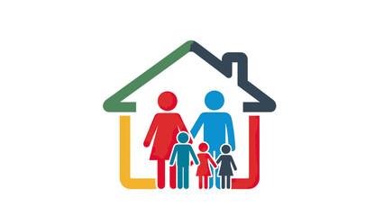 A house shape encloses a family of five in colorful stick figures