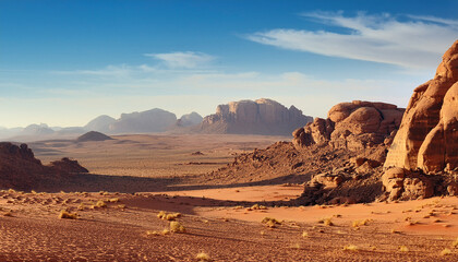 Vast Desert Landscape With Rugged Rock Formations And Distant Mountains