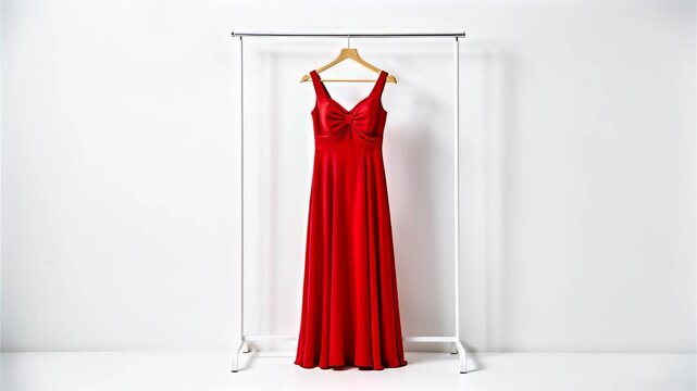 Vibrant red evening gown with bow detail on a clothing rack. Elegant formal dress hanging against a white background. Minimalist fashion display with copy space
