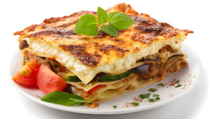 Delicious Layered Vegetable Lasagna with Cheese, Zucchini, Eggplant, and Tomato Sauce on a White Background