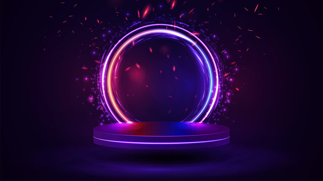 Flying podium with purple, orange and blue neon circle frame with red sparks. The podium is on a dark background
