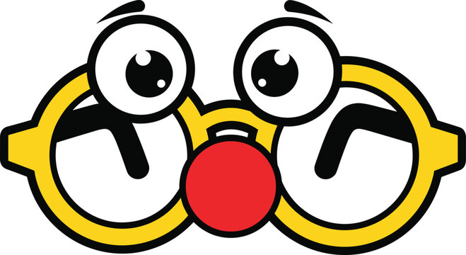 Funny cartoon clown face with oversized glasses and red nose
