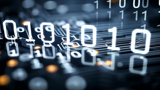 Digital binary code on a futuristic circuit board background.