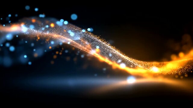 Vibrant particles flowing in a curved trajectory against a dark background.