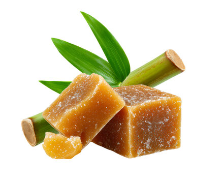 Brown sugar blocks, fresh sugarcane, and leaves are presented as natural sweeteners with a rich, earthy texture and color, highlighting their organic origin and traditional processing.