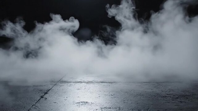 Dynamic white smoke or dense fog slowly rolls and billows across a dark, textured concrete floor, creating a mysterious and atmospheric visual effect. The heavy vapor gracefully moves and expands, gra