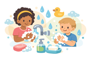 Children wash hands with soap and water at a sink in a bathroom while enjoying fun activities together