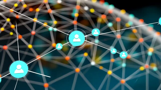 Complex network structure with interconnected nodes and lines.
