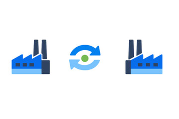 Factory icons show production cycle connection for industry and manufacturing in a digital style with blue colors